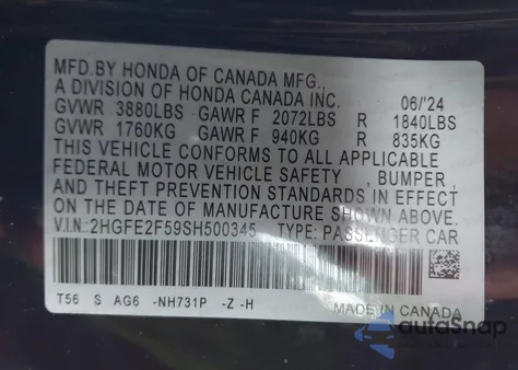 2025 Honda Civic Sport from USA, damaged, VIN 2HGFE2F59SH500345